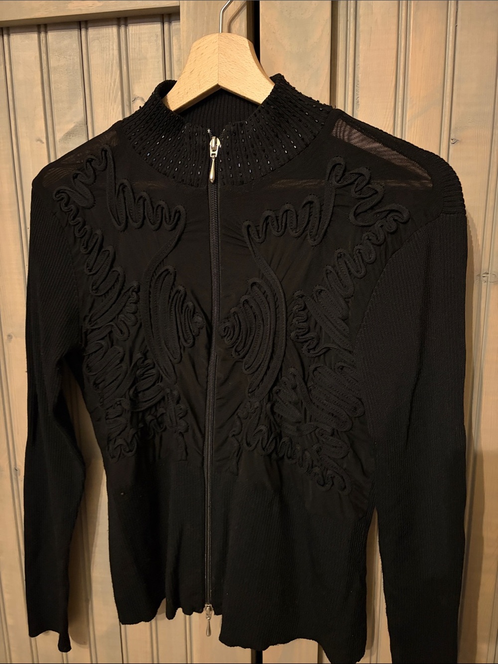 Black Zip-up Sweater with Beaded Neck and Scrolled Pattern